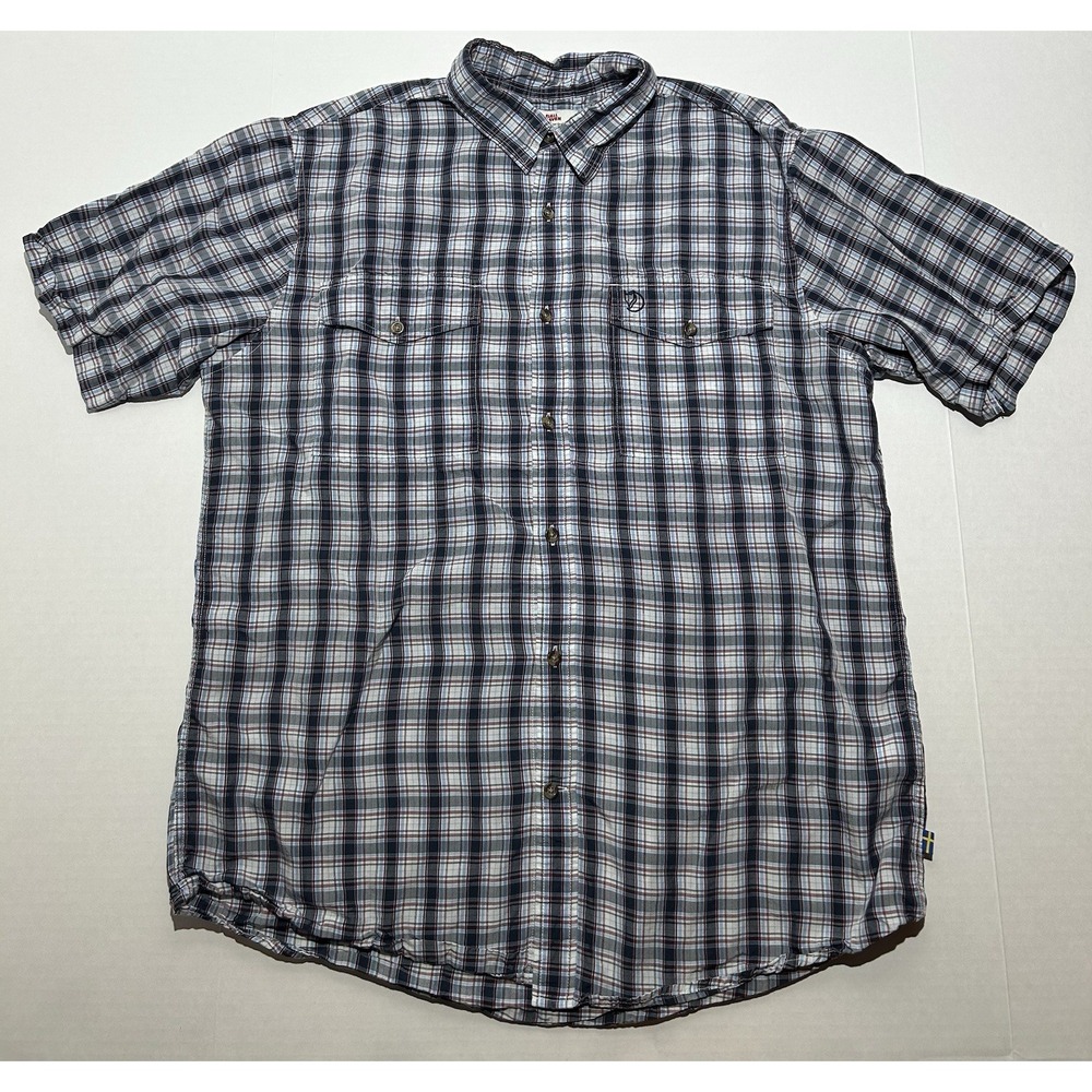 Fjallraven Shirt Mens Large Red Blue White Plaid Abisko Cool Button Up Hiking